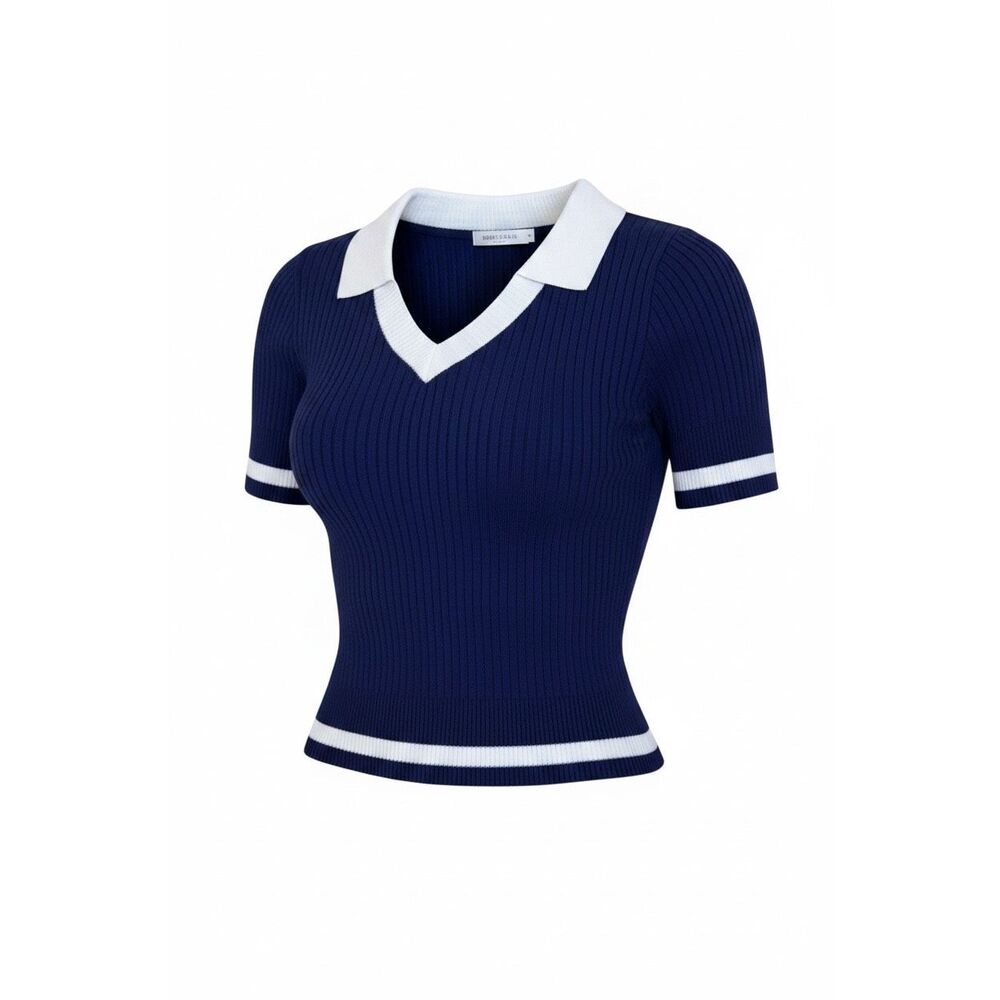 Navy Blue White Ribbed Knit Short Sleeve‎ Cropped Polo Top Size S